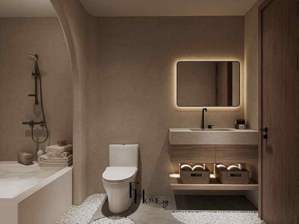 Phòng tắm tông nâu be, bồn rửa treo tường, gương led, sàn sỏi trắng