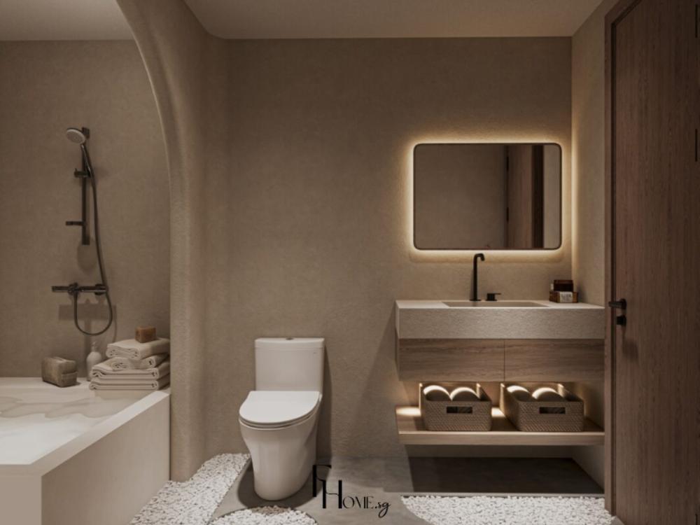Phòng tắm phong cách Wabi Sabi với tường vi xi măng, bồn tắm, gương đèn hắt và tủ lavabo gỗ treo