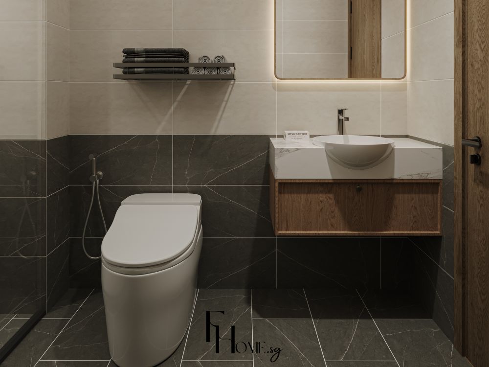 Phòng tắm Wabi Sabi tối giản với gạch đá tối màu, bồn cầu hiện đại và lavabo gỗ nổi bật