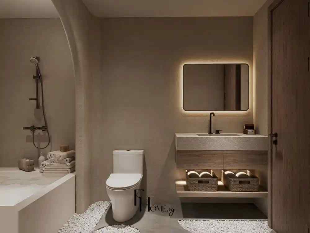 Phòng tắm Wabi Sabi tông be tự nhiên, ánh sáng dịu tôn nét mộc mạc và tối giản tinh tế