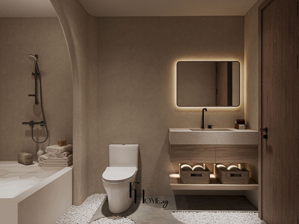 Phòng tắm Wabi Sabi với tường vữa thô, ánh sáng ấm dịu và nội thất gỗ tự nhiên mộc mạc