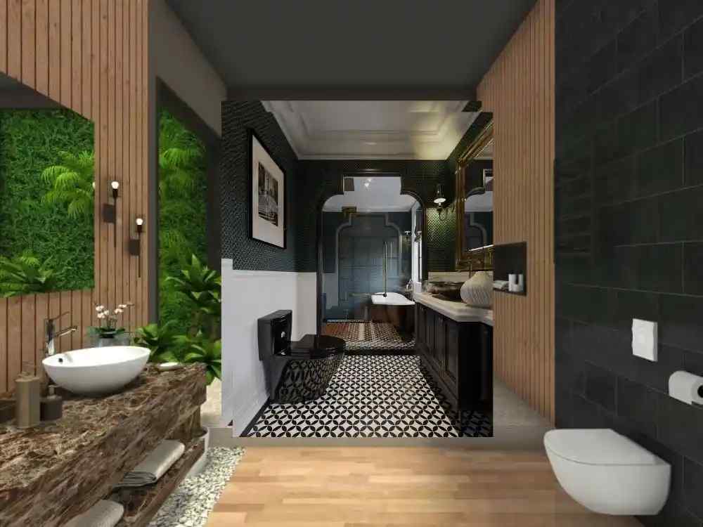 Phòng tắm Zen kết hợp thiên nhiên với mảng tường cây xanh, sàn gỗ sáng và lavabo đặt trên bàn đá mộc mạc