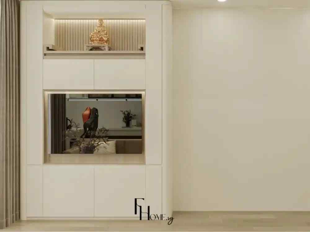 Phòng thờ phong cách hiện đại với gam màu be sáng, kệ tủ âm tường tinh tế và tượng Phật đặt trang trọng