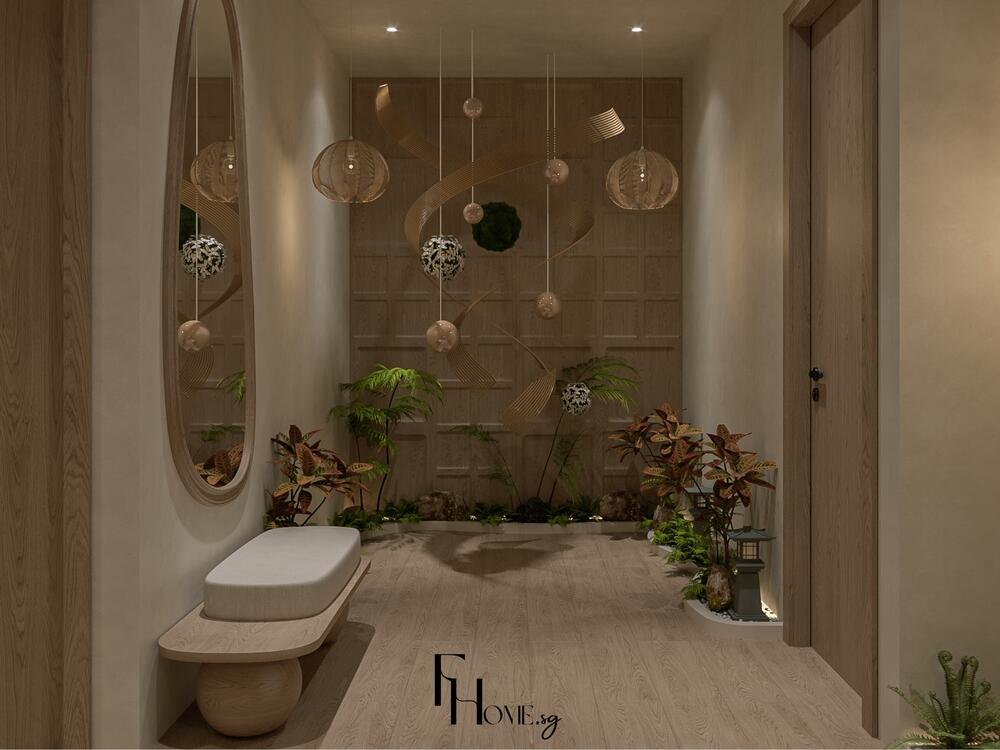 Phòng tiền sảnh phong cách Nhật Bản với tiểu cảnh xanh, đèn treo nghệ thuật và mảng tường tối giản