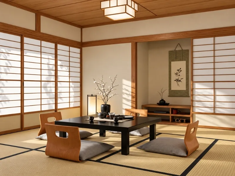 Phòng trà phong cách Nhật Bản bố trí bàn thấp trên chiếu tatami giữa hệ cửa giấy shoji.