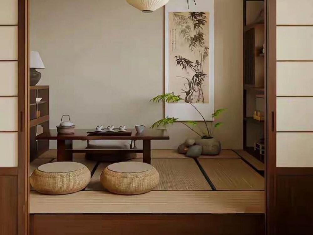 Phòng trà phong cách Nhật Bản với bàn thấp, tranh thư họa và sàn trải chiếu Tatami