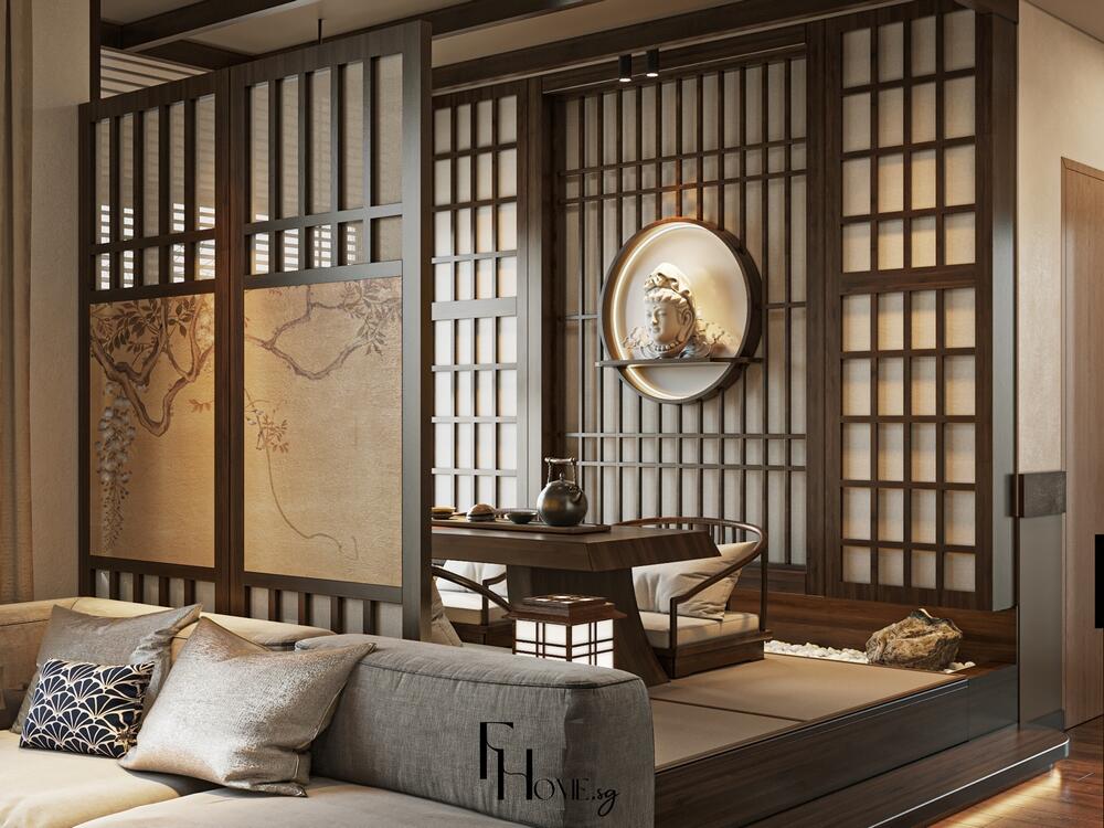 Phòng trà phong cách Nhật Bản với vách ngăn Shoji, tạo không gian thiền riêng tư ấm cúng
