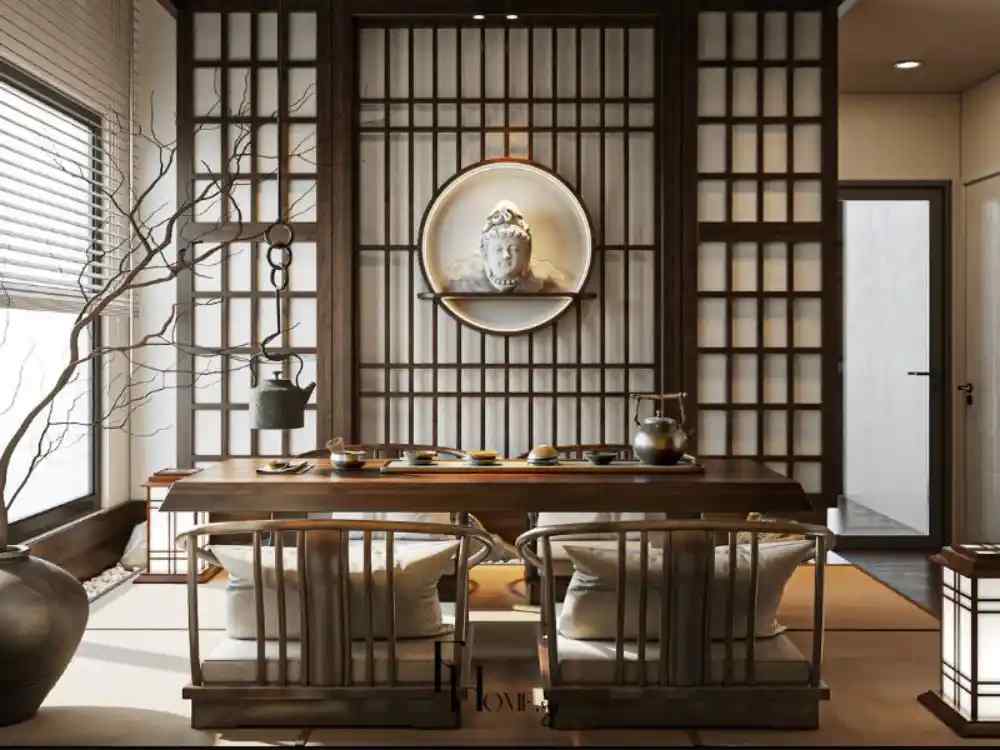 Phòng trà phong cách Zen với bàn gỗ thấp, ghế tựa đệm vải, tượng Phật trên kệ tròn