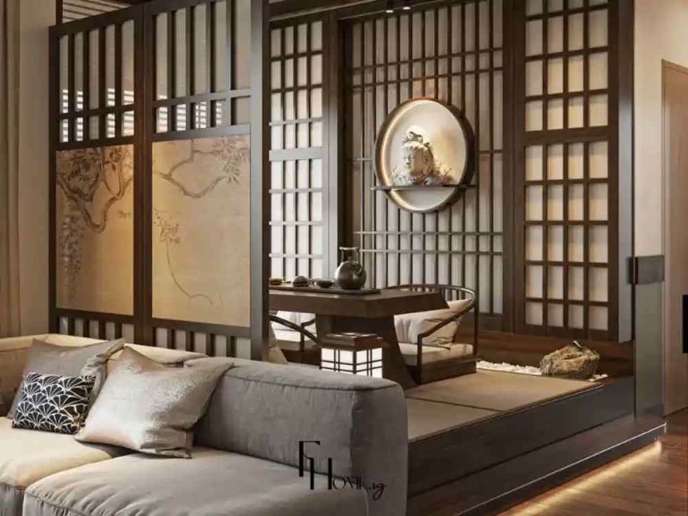 Phòng trà phong cách Zen với bàn trà thấp gỗ sẫm, ghế tựa tròn và vách ngăn shoji bằng gỗ