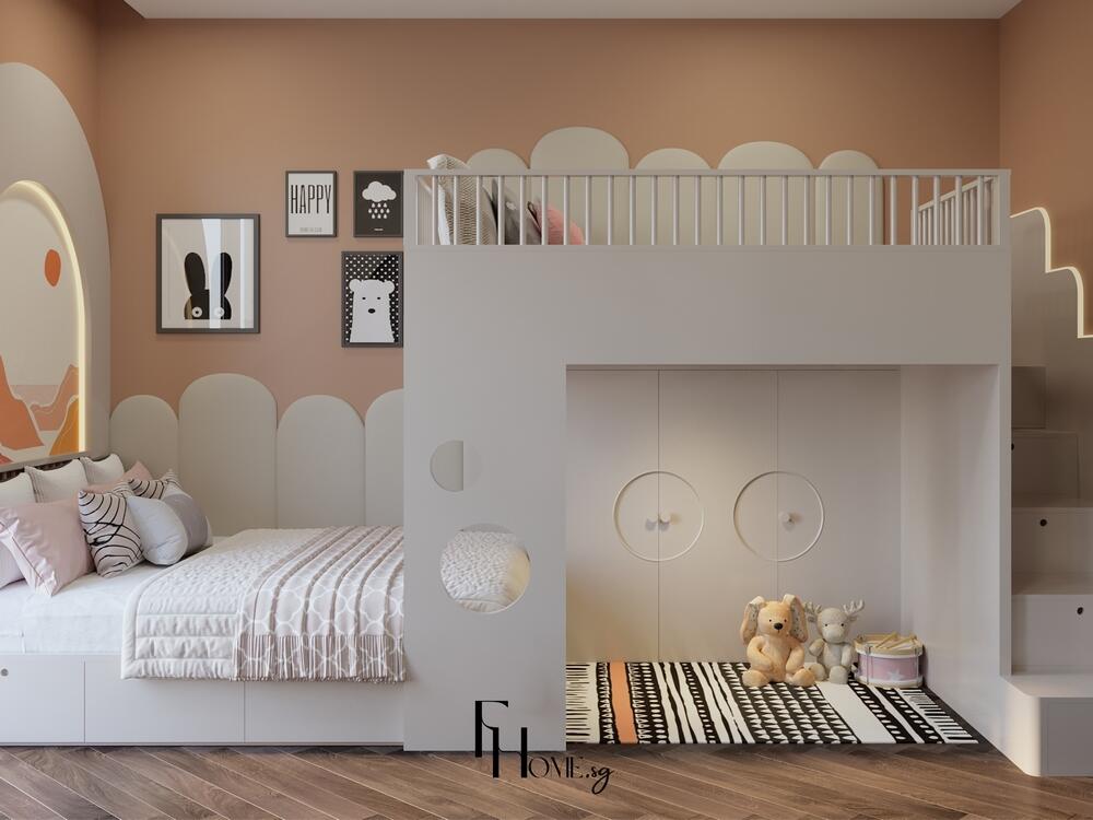 Phòng trẻ em tối giản với giường tầng, mảng tường trang trí bo tròn và khu vui chơi bên dưới