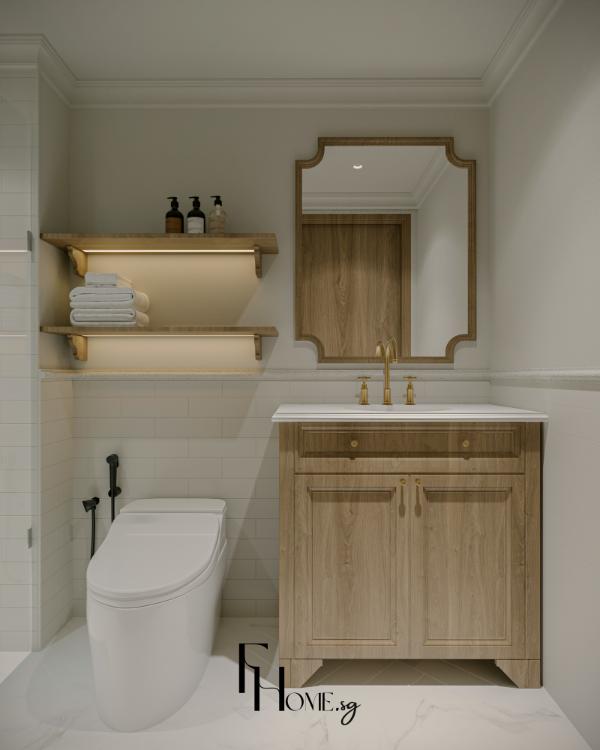 Phòng vệ sinh căn hộ Vinhomes Grand Park 70m2 với tủ lavabo gỗ và gương