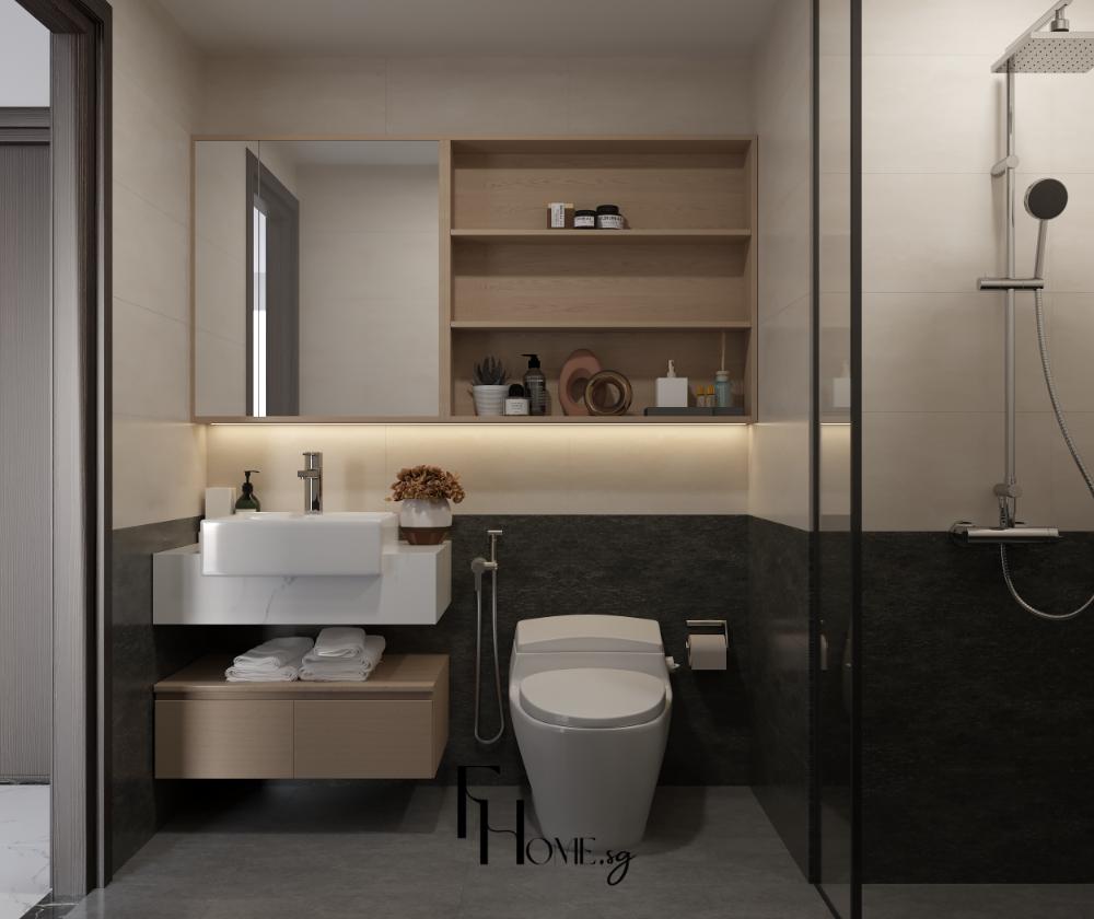 Phòng vệ sinh căn hộ phong cách Wabi Sabi với kệ gỗ mở, gương lớn, đá ốp tối màu và bồn cầu một khối