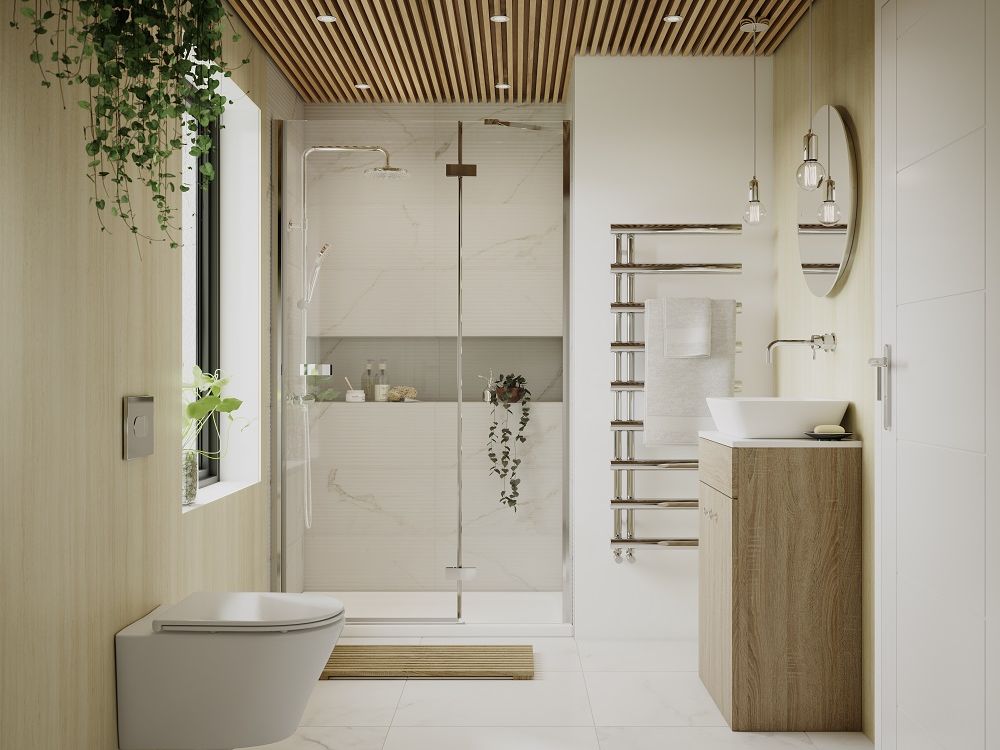 Phòng vệ sinh Japandi ngập sáng với trần gỗ, cây xanh và bồn rửa gỗ nhỏ gọn hiện đại