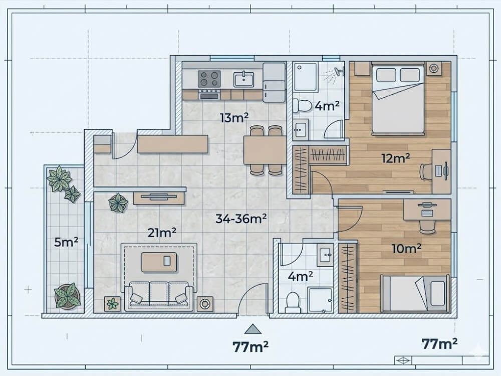 Sơ đồ mặt bằng căn hộ chung cư 77m2 với 2 phòng ngủ tại TP.HCM diện tích từng phòng