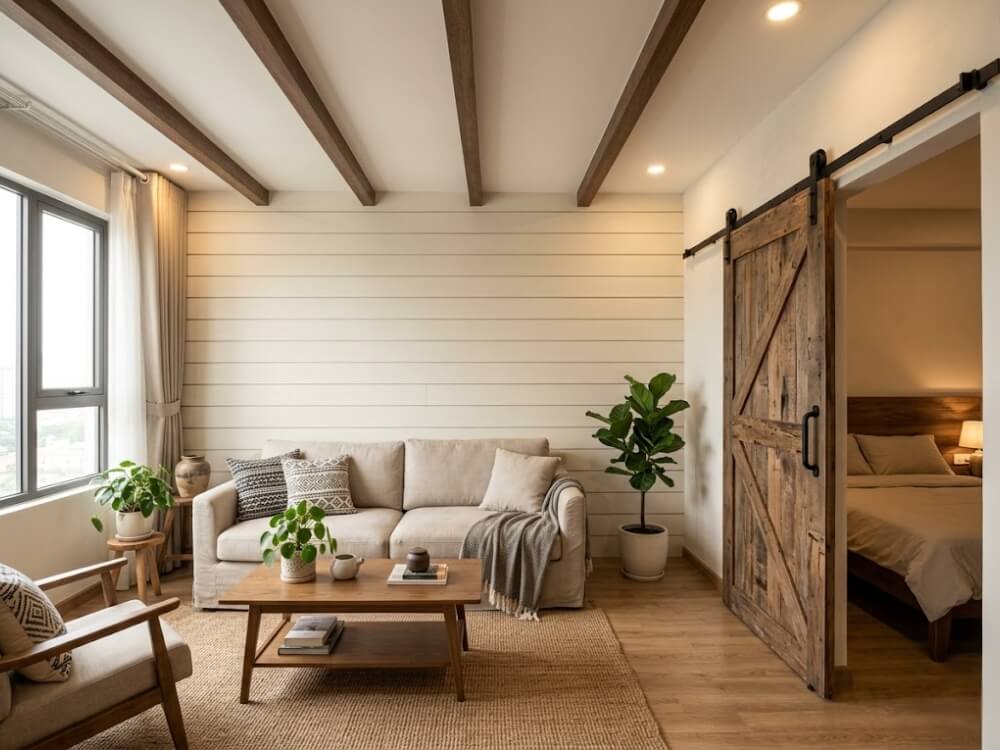 Tường ốp gỗ ngang trắng kết hợp cửa trượt gỗ kiểu trang trại