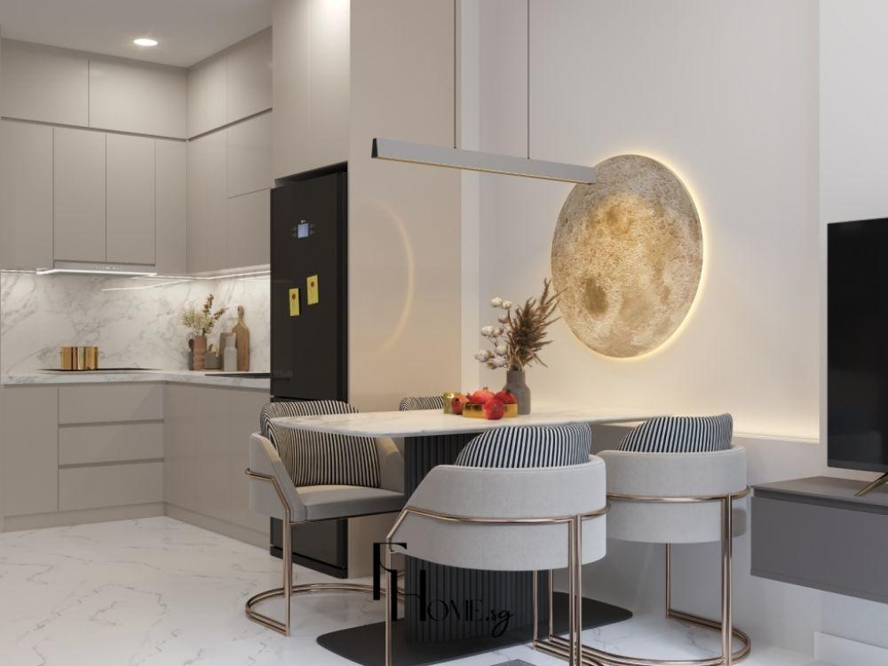 Phòng bếp với tủ bếp chữ L gỗ công nghiệp, mặt bàn đá granite và bàn ăn gỗ