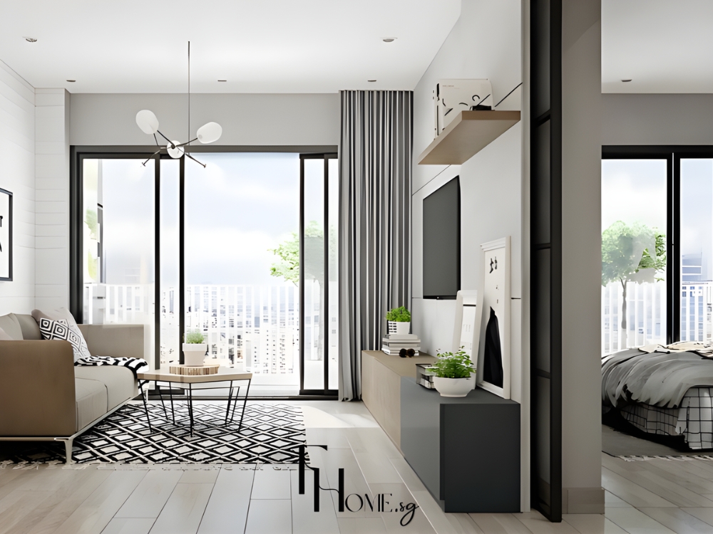 Phòng khách chung cư 50m2 màu trắng sang trọng