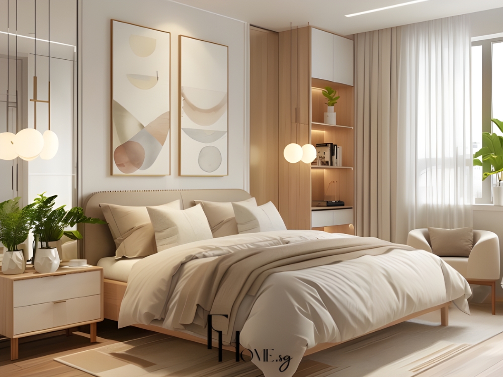 Phòng ngủ chung cư 50m2 với giường gỗ cửa sổ lớn