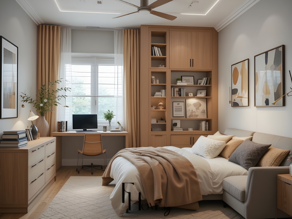 Phòng ngủ chung cư 50m2 với giường gỗ kết hợp bàn làm việc