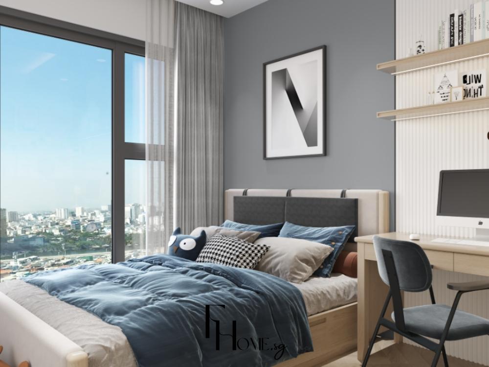 Phòng ngủ phong cách hiện đại với giường gỗ, bộ chăn ga trắng xanh và ánh sáng nhẹ nhàng tạo không gian thư giãn.