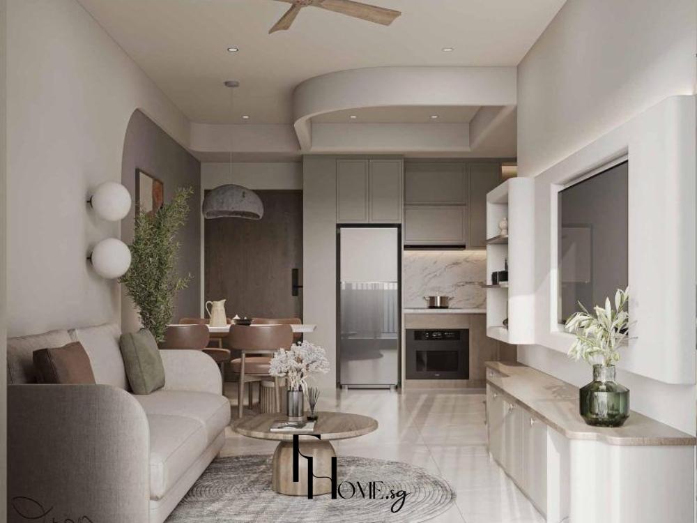 Phòng khách hiện đại với sofa trắng, bàn trà gỗ và đèn LED âm trần tạo không gian tinh tế và tiện nghi.