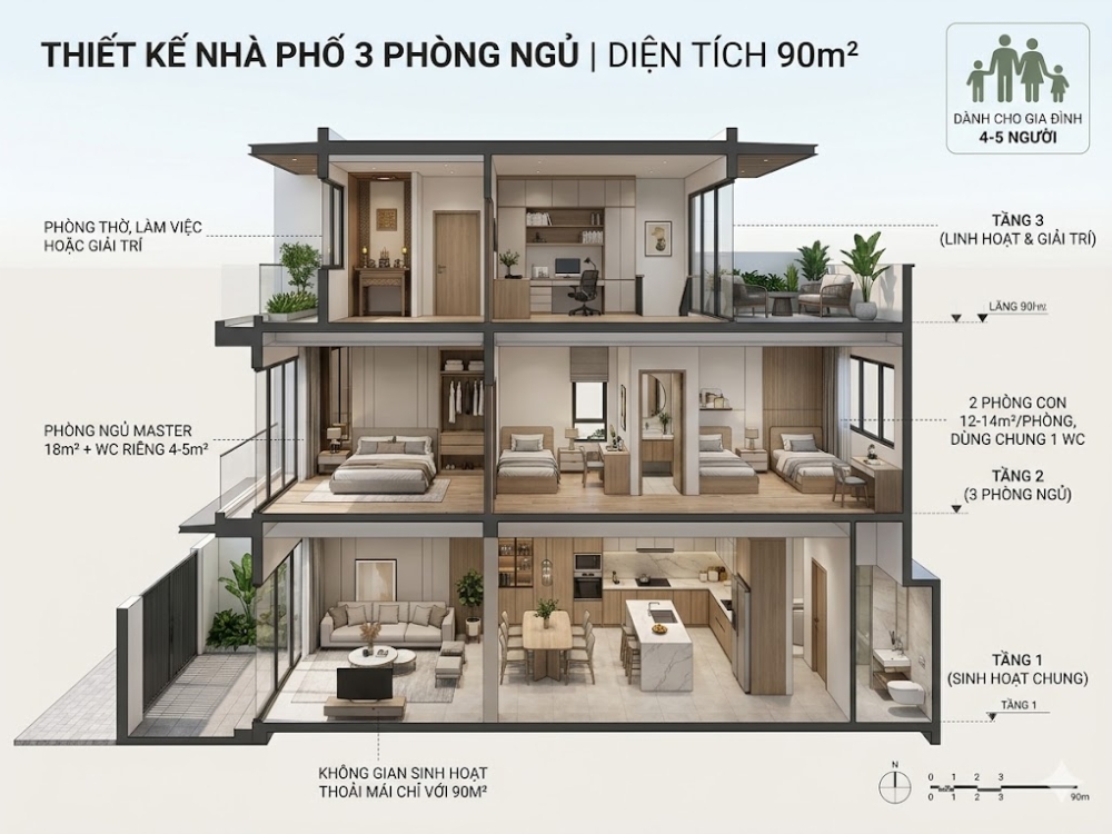Thiết kế nội thất nhà phố 90m2 3 phòng ngủ (Fhomesg lên ý tưởng)