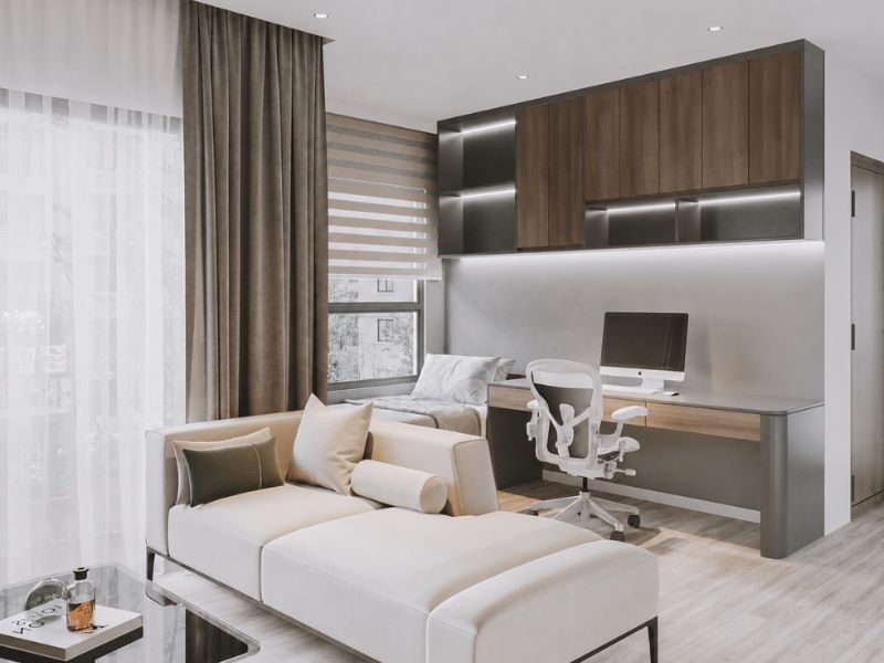 thiết kế nội thất chung cư 105m² tối giản với sofa và bàn làm việc
