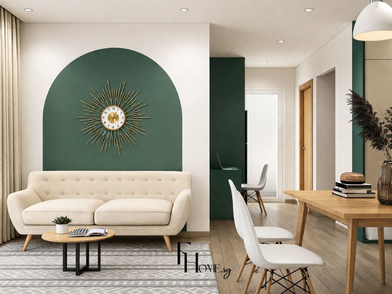 Góc nhìn sofa kem và vòm cung xanh lá phòng khách thiết kế phong cách Scandinavian đồng hồ mạ vàng và bàn trà gỗ tròn