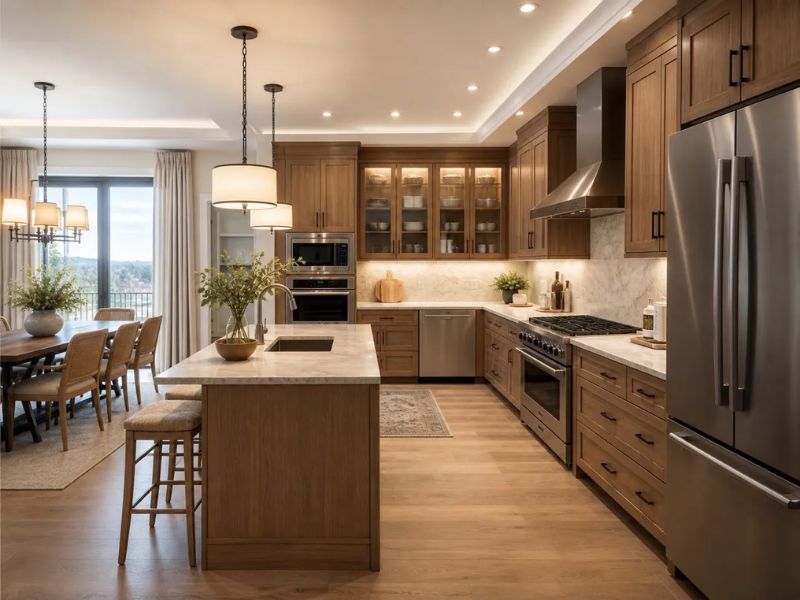 Thiết kế nội thất nhà bếp chung cư chữ L gỗ óc chó sử dụng máy hút mùi inox và bàn ăn gỗ ghế