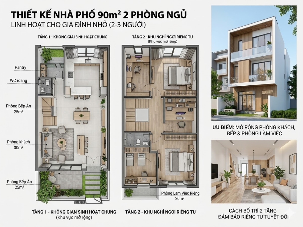 Thiết kế nội thất nhà phố 90m2 2 phòng ngủ (Fhome lên ý tưởng thiết kế)