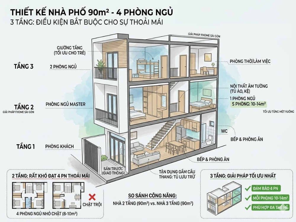 Thiết kế nội thất nhà phố 90m2 4 phòng ngủ (Fhomesg lên ý tưởng)