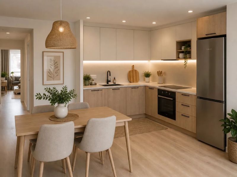 Mẫu thiết kế bếp chung cư chữ L trắng be kết hợp vân gỗ sáng tay nắm đen mờ