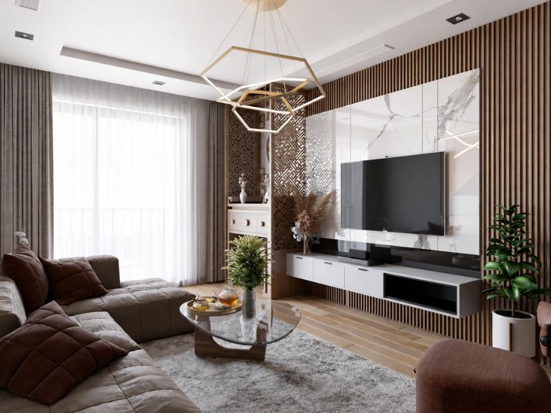 Phòng khách chung cư 105m² hiện đại với vách tivi đá trắng và lam gỗ