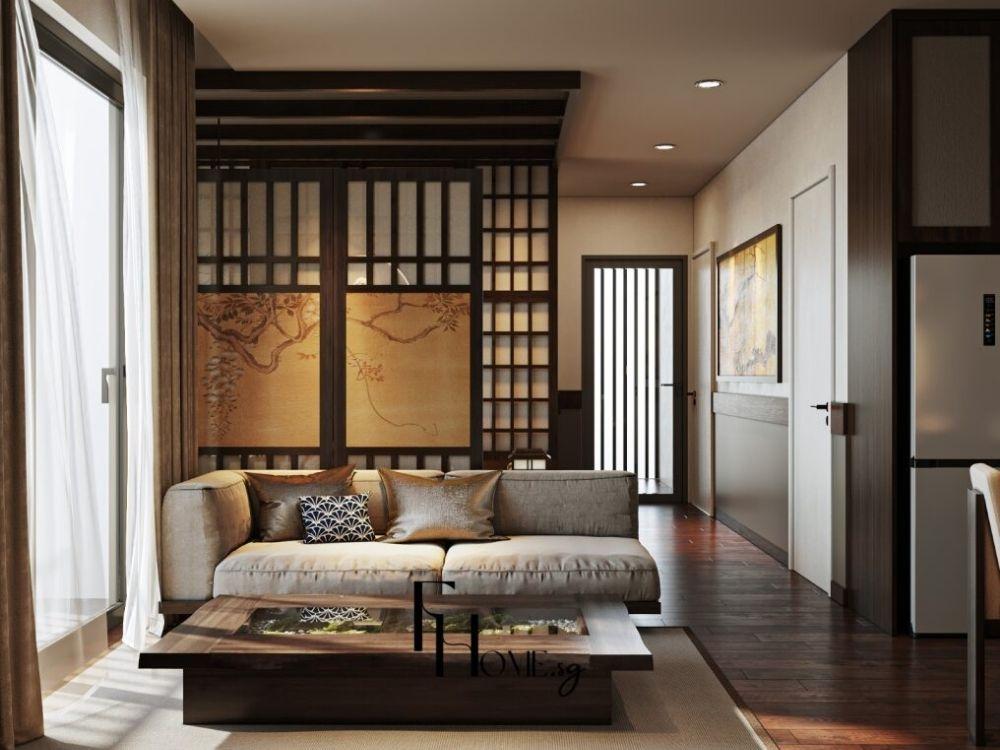 Phòng khách tân cổ điển với sofa bọc nệm, bàn trà gỗ không gian sang trọng và quý phái