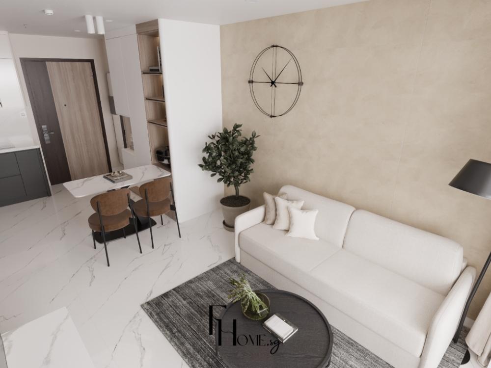 Phòng khách hiện đại với sofa trắng , bàn trà kính và kệ gỗ công nghiệp màu nâu sáng tạo không gian sang trọng và thoải mái.