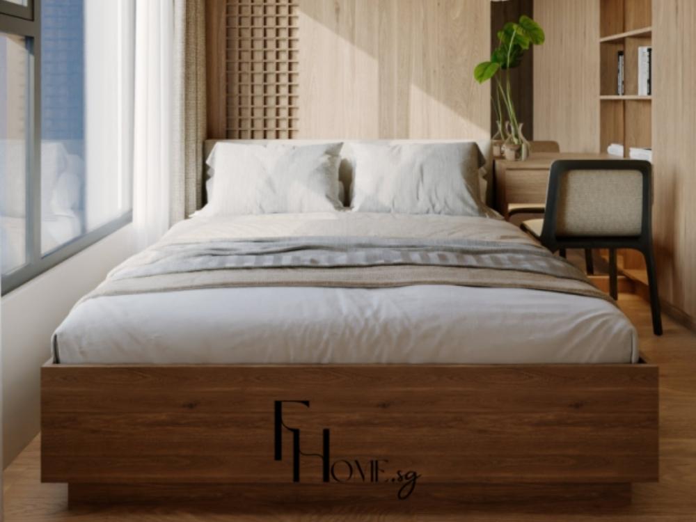 Phòng ngủ với bộ chăn ga màu sáng, cửa số lớn tạo không gian ấm cúng