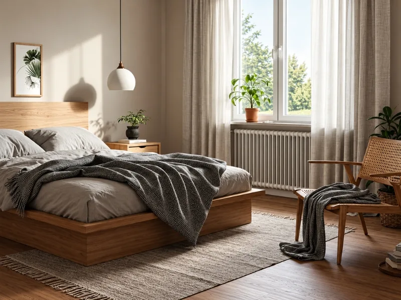 Phòng ngủ phong cách Bắc Âu có giường gỗ phủ chăn xám và ghế đọc sách cạnh cửa sổ.