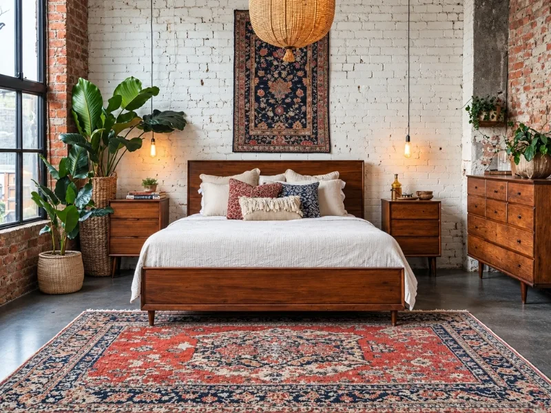 Thiết kế phòng ngủ loft phong cách công nghiệp đặt giường gỗ trên thảm dệt trước tường gạch.
