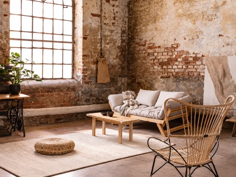 Thiết kế phòng khách phong cách Wabi Sabi có ghế mây đặt trước tường gạch thô trong bảng màu be.