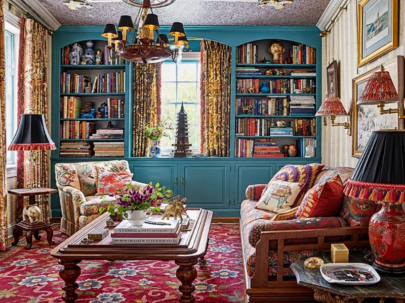 Thư viện phong cách Vintage có tủ sách xanh cùng sofa hoa văn trên nền thảm đỏ.