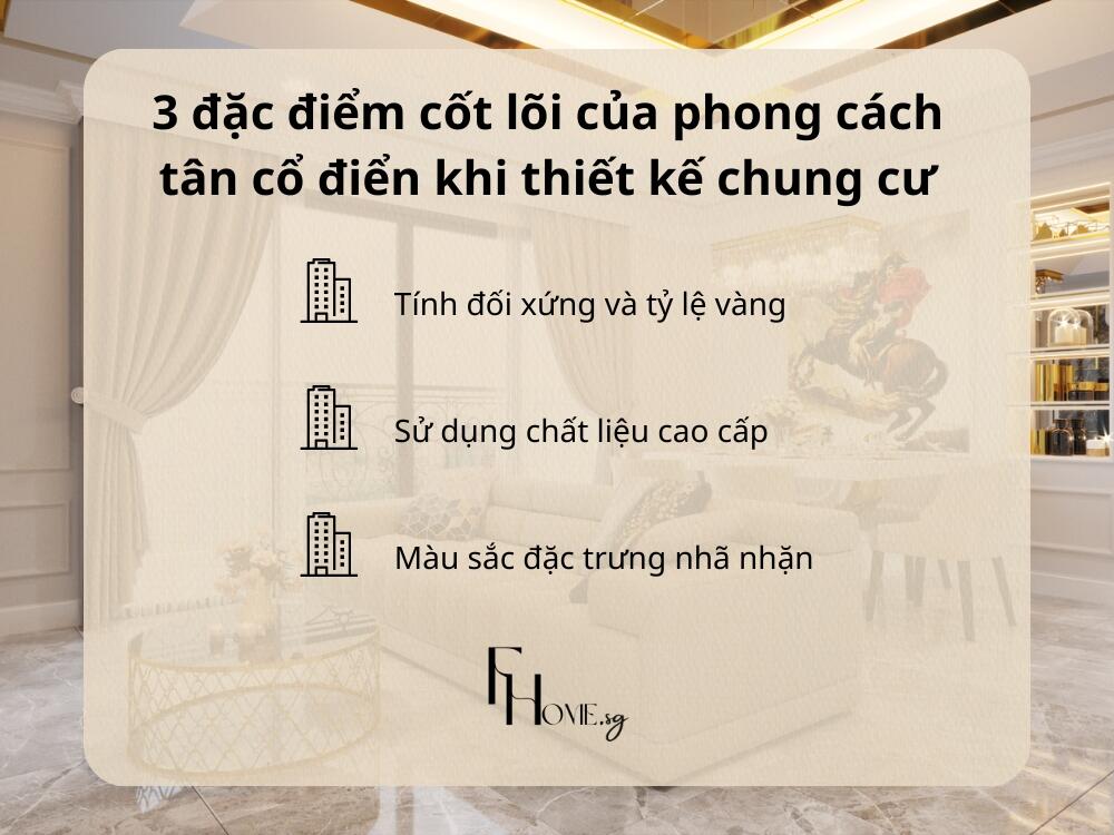 Phong cách Tân cổ điển trong thiết kế nội thất chung cư được định hình bởi ba yếu tố đặc trưng chính