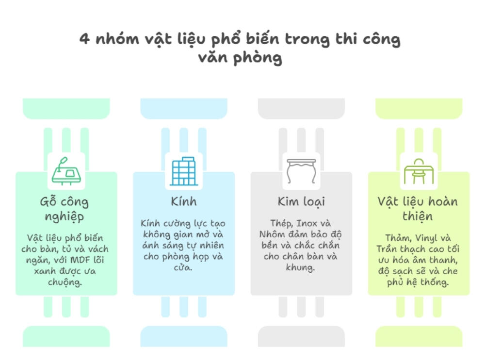 4 nhóm vật liệu chính thường dùng cho thi công nội thất văn phòng