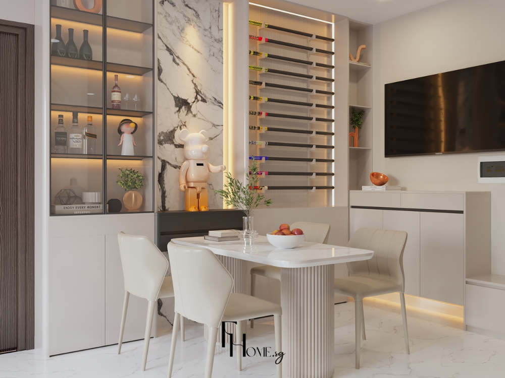 Bàn ăn đặt tại không gian mở kết nối phòng khách và bếp
