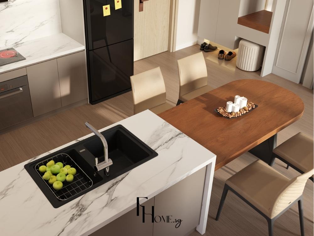 Bàn đảo bếp vừa hỗ trợ chế biến thực phẩm, vừa tạo điểm nhấn thẩm mỹ cho không gian bếp hiện đại