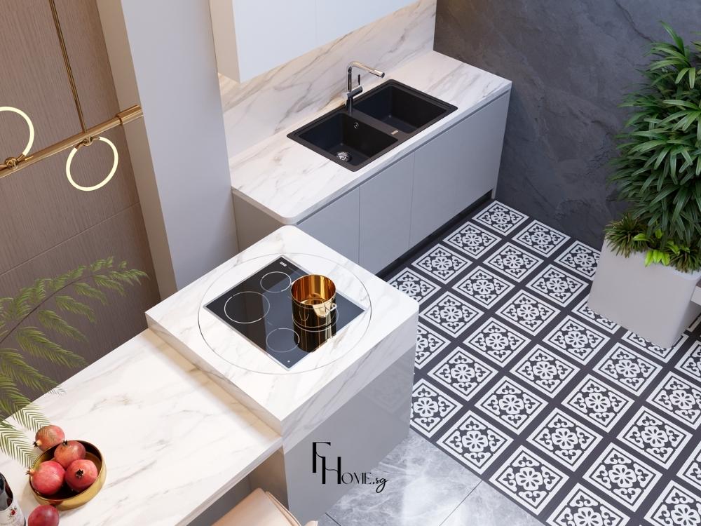 Bàn đảo đa năng kết hợp khu nấu và khu ăn giúp tiết kiệm diện tích và tăng tiện nghi sử dụng