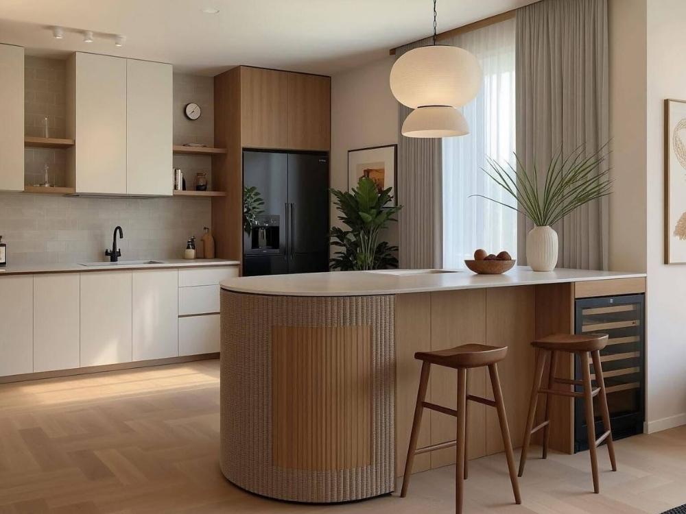 Bàn đảo đa năng vừa là nơi lưu trữ, vừa là bàn ăn sáng tiện nghi cho gia đình