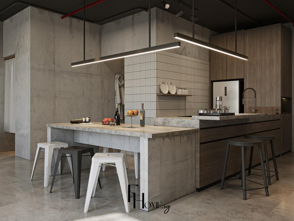 Bàn đảo kết hợp quầy bar mang lại vẻ sang trọng và tạo không gian thư giãn tiện nghi trong bếp