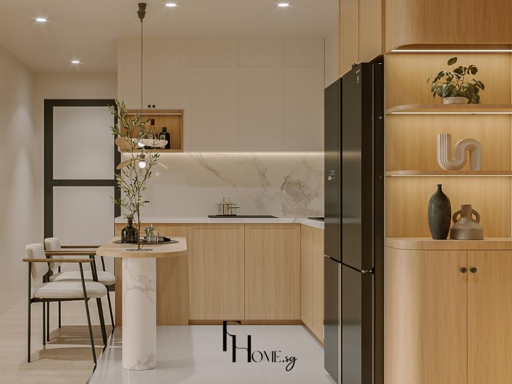 Chất liệu gỗ tự nhiên với vân gỗ đẹp mắt và độ bền cao giúp phòng bếp vừa thẩm mỹ vừa bền vững theo thời gian