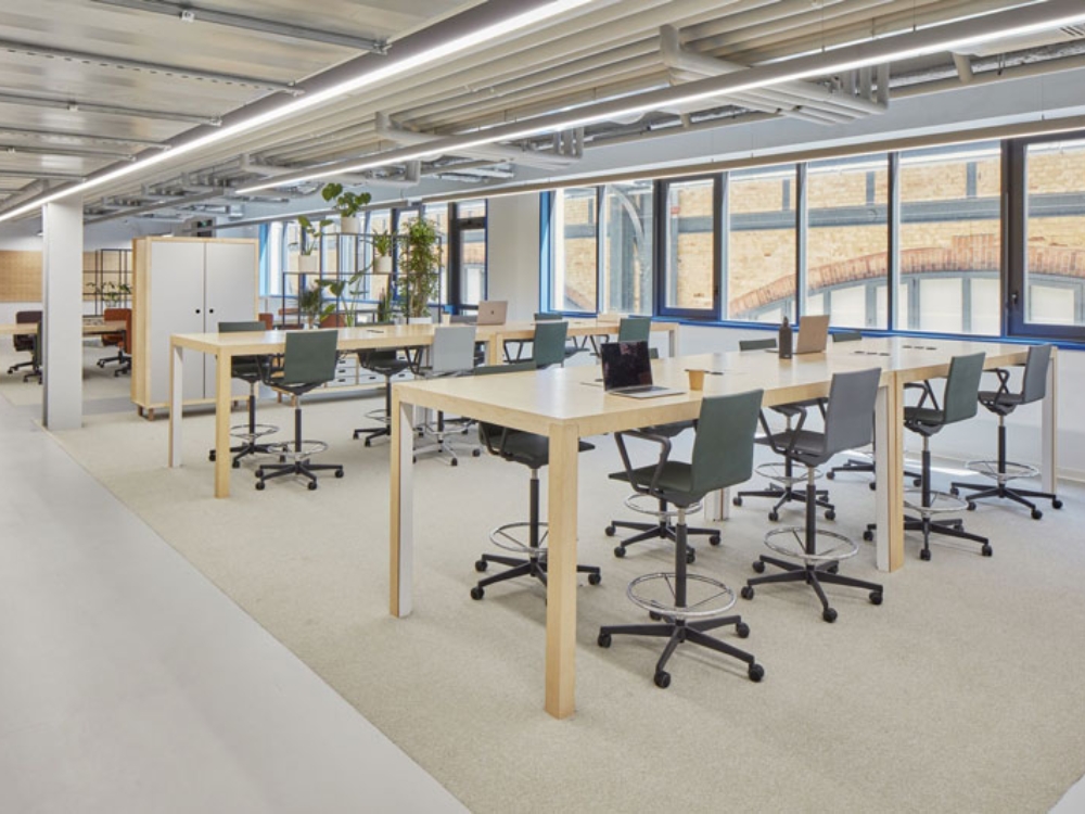 Coworking Space với bàn làm việc dài và nội thất tiện ích, tối ưu hóa không gian cho nhiều người cùng sử dụng