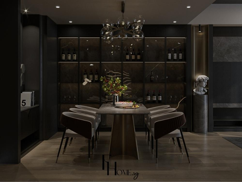 Đèn LED âm tủ và chi tiết inox cao cấp giúp tạo điểm sáng nổi bật trong tổng thể gam màu tối